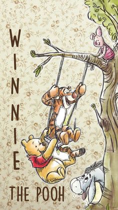 winnie the pooh on a swing with other cartoon characters around it and an apple tree