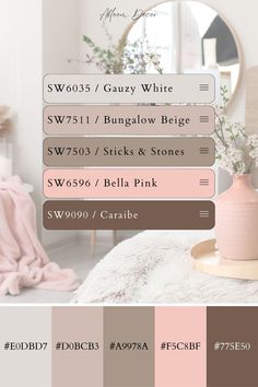 Soft Pink Paint Color Inspiration Color Palette Pink House Color Palette, Pink Grey Beige Color Palette, Feminine Bedroom Ideas Colour Schemes, Colors That Compliment Pink, Taupe And Pink Living Room, What Colors Go With Pink, Light Pink Colour Palette, Feminine Color Palette Colour Schemes, Pink And Brown Decor