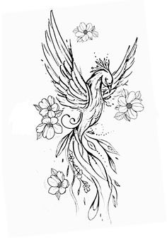 a black and white drawing of a bird with flowers