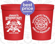 two red cups with fire department logos on them