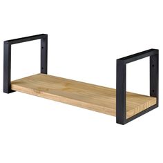 a wooden shelf with two black metal brackets