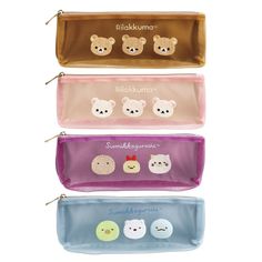 four pencil cases with bear faces on them, one is pink and the other is blue