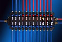 an array of red and blue wires connected to each other on a blue background with text overlay