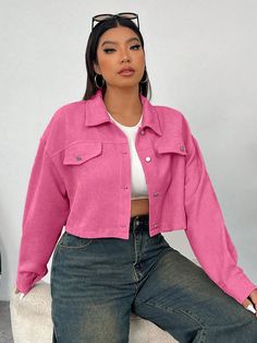 Valentine's Day,Plus Size Women Casual Solid Color Corduroy Short Jacket, Spring/Autumn Hot Pink Casual  Long Sleeve Woven Fabric Plain Shacket Non-Stretch  Women Plus Clothing, size features are:Bust: ,Length: ,Sleeve Length: Corduroy Shorts, Pink Collar, Corduroy Jacket, Pink Outfit, Short Jacket, Kids Sleepwear, Crop Jacket, Striped Shirt, Colorful Leggings