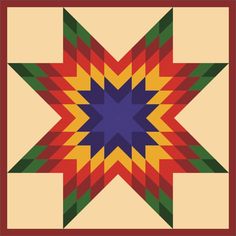 an image of a star quilt pattern on a wall hanging or table topper in red, yellow, green and blue