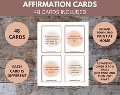 four cards with the words affirmation cards on them and instructions for each card