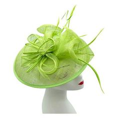 A Brand New Handmade Bright Lime Green Colour Round shaped Fascinator With Sinamay Base and Curls forming a beautiful lily flowers and with feathers detailing Made up of Sinamay material which is the most classic material for fascinators Size of the Fascinator is approximately 25 x 25cm. This Fascinator comes with a Lime Green Colour headband and a metal clip as an attachment. These are removable and can be used according to your need. This allows you to wear the fascinator at different angels a Luxury Green Summer Fascinator, Elegant Fitted Green Headband, Green Fascinator With Handmade Flowers For Party, Adjustable Green Hat Headpiece, Elegant Green Hair Accessories For Kentucky Derby, Green Summer Fascinator With Handmade Flowers, Elegant Green Headband For Spring, Green Spring Party Hair Accessories, Fitted Green Headband For Spring