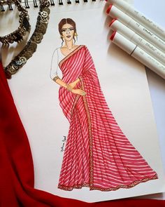 a drawing of a woman wearing a red and white sari with her hand on her hip