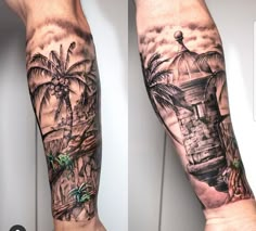 two pictures of the same person with tattoos on their arms, one has a house and palm trees