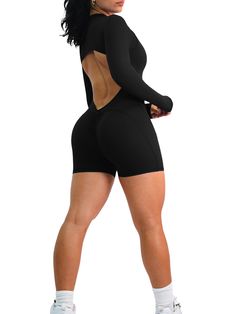 Description: This romper combines sexiness and elegance! The backless design and flattering scrunch will have you feeling confident and alluring, while the zipper front adds a touch of sexiness. Perfect for any workouts, yoga, pilates & so many more activities. All of our rompers & jumpsuits are made out of high quality blends of nylon and are guaranteed to shape your figure while providing high comfort and sweat resistance. Sizing: True to size. Color: Black Fabric: Active Fit Seamless Stretch Activewear With Ruched Back For Workout, Workout Activewear With Ruched Back And Stretch, Black High Stretch Backless Activewear, Black Backless Bodysuit For Gym, Black Backless Bodysuit For Athleisure, Backless Black Bodysuit In Athleisure Style, Black Athleisure Backless Bodysuit, Black Backless Bodysuit In Athleisure Style, Black Stretch Backless Activewear