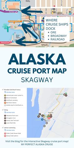 the alaska cruise port map is shown in blue and white with an arrow pointing to it