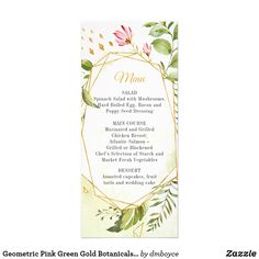 a menu card with flowers and leaves in the center, on a white background that has gold foil lettering