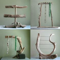 four different types of driftwood with beads hanging from it's sides and on the other side