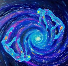 two people are standing in the middle of a spiral galaxy painting with blue and purple colors