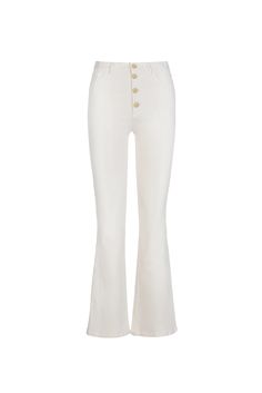 These High rise Jeans have just the right amount of stretch with a slim fit through the knee to a flattering flared bottom. Defined by luxury details, the row of brass buttons and fringe at the hem make for the perfect finish. - Note that the fringe is easily replicated should the jeans need to be shortened- Button Fly- Inseam 33"- Model Height 5'10"- Made in USA