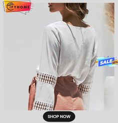 Women Long Sleeve Blouse Shirt Casual Ladies V Neck Lace Hollow Out Office Shirts Tops Pullover Tops Streetwear Fall Crew Neck Blouse For Beach, Non-stretch Crew Neck Top For Beach, Non-stretch Long Sleeve Blouse For Beach, Non-stretch Long Sleeve Beach Blouse, Non-stretch Long Sleeve Blouse For Vacation, Summer Cotton V-neck Long Sleeve Top, Long Sleeve Summer Top For Brunch, Long Sleeve Tops For Vacation In Spring, Cotton Long Sleeve Vacation Blouse