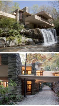 two pictures of the same house and waterfall