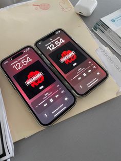 two cell phones sitting on top of a table