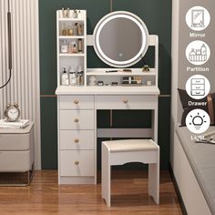 a white dressing table with a mirror and stool in a small room next to a bed