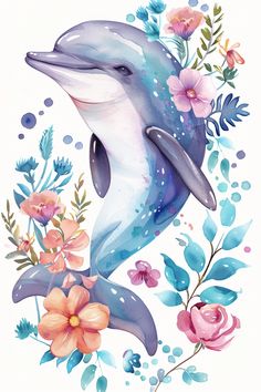 a painting of a dolphin surrounded by flowers