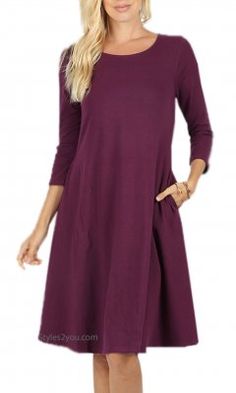 Dayna 3/4 Sleeve Cotton Dress With Pockets In Dark Plum Navy Bodycon Midi Dress, Casual Midi Dress, Plum Dress, 2020 Fashion Trends, Womens Shift Dresses, Spring Skirts, Midi Dress Casual, Spring Fashion Trends, Boutique Fashion