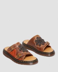 Dayne Made in England Leather & Suede Applique Slides in Conker Brown | Dr. Martens Brown Dr Martens, Mary Jane Platform Shoes, Chelsea Boots Heel, Soft Leather Boots, How To Clean Suede, Boys School Shoes, Patent Boots, Doc Marten, Vegan Boots