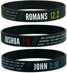 three black wristbands with the words joshua and john printed on them, all in different colors