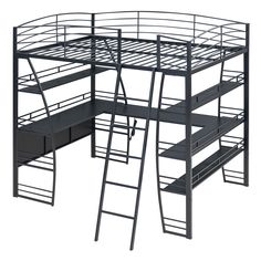 a metal bunk bed with stairs next to it and storage drawers under the ladders