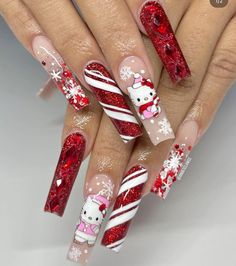 Latina Christmas, Disney Acrylic Nails, Quinceanera Nails, Kitty Christmas, Hello Kitty Christmas, Christmas Nails Acrylic