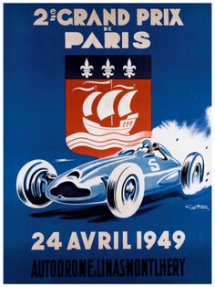 an old poster advertising a race car for the grand prix in paris, on which is being