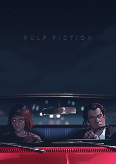 two people in a red car with the word pulp fiction written on the back window