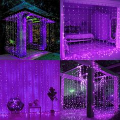 purple lights are on the outside of a house and in front of a bed room