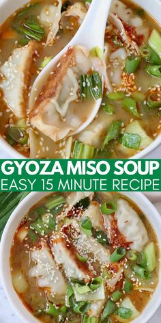 two bowls of gyoza miso soup with spoons