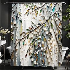 the shower curtain is decorated with pearls and leaves