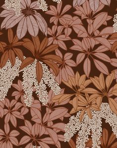 a brown and pink flower pattern on fabric with white flowers in the center, surrounded by leaves