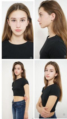 four different pictures of a woman with her hands on her hips and the other side of her face