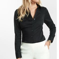 Size Small. Never Worn. Sleek Black Slim Fit Tops, Sleek Black Business Casual Top, Black Fitted Blouse For Business Casual, Fitted Black Blouse For Business Casual, Sleek Black Shirt For Work, Sleek Black Top With Button Closure, Black Slim Fit Tops For Office Wear, Black Slim Fit Top For Work, Classic Black Tops For Office Wear