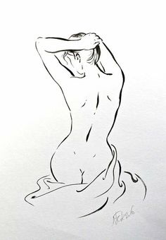 a black and white drawing of a naked woman sitting on the ground with her hands behind her head