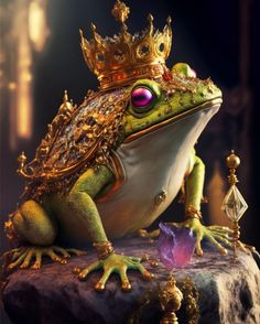 a frog wearing a crown sitting on top of a rock