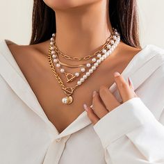 Sku CY-!124748 Material Imitation Pearl Feature Electroplated Occasion Vintage, Punk Type Necklace Color Golden, Silver Asymmetrical Necklace, Necklace With Pearls, Pearl Beach, Layered Chokers, Pearl Decor, Multi Layer Necklace, Neck Jewellery, Estilo Punk, Disc Pendant