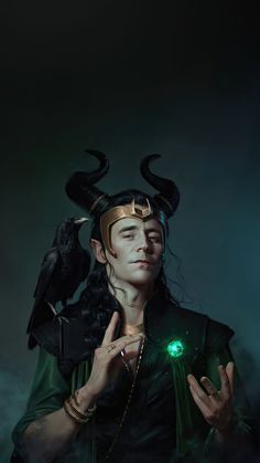 a painting of a man with horns on his head and a green light in his hand