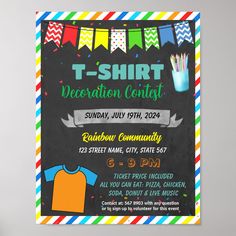 a t - shirt celebration contest poster is displayed in front of a gray background with colorful streamers