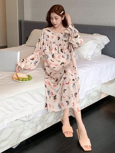 Oversized Butterfly Print Ruffle Hem Sleep Dress Khaki Cute  Long Sleeve Woven Fabric Plants,All Over Print  Non-Stretch All Women Sleep & Lounge, size features are:Bust: ,Length: ,Sleeve Length: