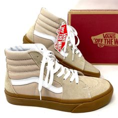 Vans Sk8-Hi Women Shoes Humus Gum Casual Sneakers Suede Canvas Skate Vn0a38gevs8 Brand New With Box. 100% Authentic! The Sk8-Hi, The Legendary Lace-Up High Top, Features Sturdy Canvas And Suede Uppers, Re-Enforced Toecaps To Withstand Repeated Wear, Padded Collars For Support And Flexibility, Gum Sidewalls, And Signature Rubber Waffle Outsoles Padded Collars Gum Sidewalls Signature Rubber Waffle Outsoles Vans Suede Sneakers With Branded Insole, White Suede Skate Shoes With Cushioned Footbed, White Suede High-top Sneakers, Suede Cushioned Lace-up Skate Shoes, Cream High-top Skate Shoes With Laces, Vans Suede Skate Shoes With Round Toe, Vans Cream Low-top Sneakers, White Suede Skate Shoes With Laces, Cream Low-top Vans Sneakers