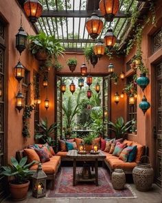 an outdoor room with lots of plants and lights on the ceiling, along with couches