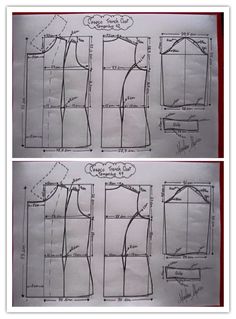 three different views of the front and back of a dress with measurements for each piece