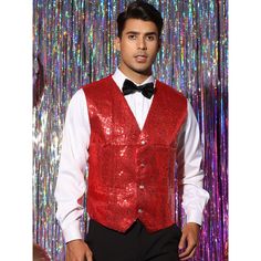 The simple and eye-catching V-neck design of this vest creates a fashionable appearance. Glittery tank tops are the go-to choice for those who want to be confident yet stylish. A sequin vest is a must-have party piece that will make you stand out and be the center of attention. Suitable for dinner parties, parties, clubs, shows, banquets, weddings, graduations, proms, festivals. Fusion Outfits, Sequin Suit, Sequin Vest, Sequin Blazer, Neckline Designs, Red Sequin, Suit Vest, Dinner Parties, Neck Designs