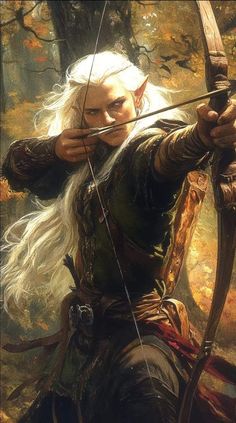 an image of a woman with white hair holding a bow and arrow