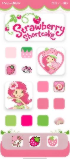 strawberry shortcake stickers are shown in pink, green and white colors with the words strawberry