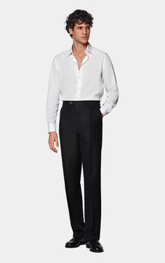 Black Pleated Duca Pants in Linen Silk | SUITSUPPLY US Business Wide Leg Slim Fit Pants, Business Slim Fit Wide Leg Pants, Elegant Straight Cargo Pants With Welt Pockets, Classic Fitted Cargo Pants With Welt Pockets, Classic Fitted Straight Leg Cargo Pants, Semi-formal Full-length Pants With Belt Loops, Classic Fitted Cargo Trousers, Classic Slim Fit Pants With Belt Loops, Classic Tapered Straight Leg Pants